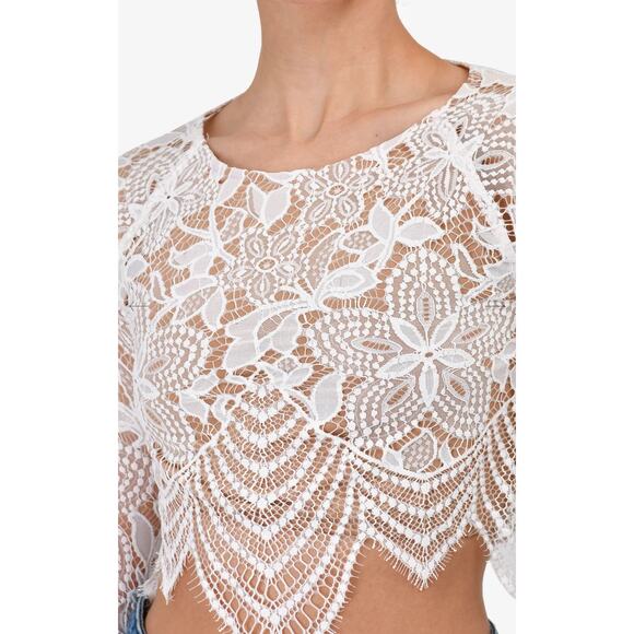 For Love & Lemons Guava Lace Crop Top Size XS Scalloped Hem Long Sleeves - Picture 6 of 14